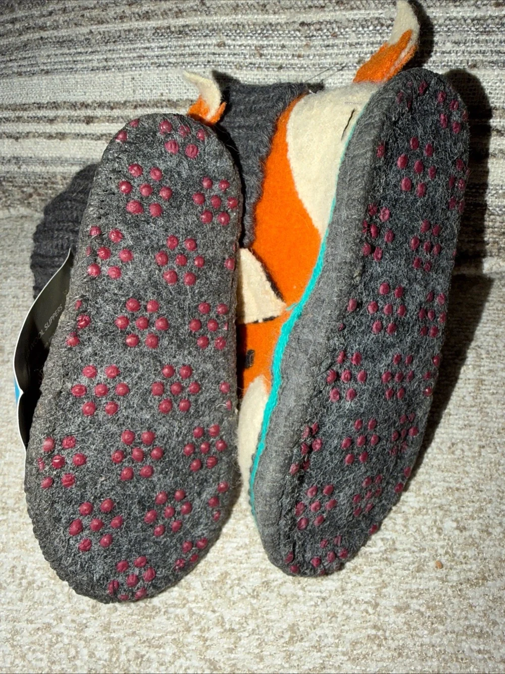 Garnet Hill Orange Fox Felted Wool Kids Slippers with Gray Knit Cuffs